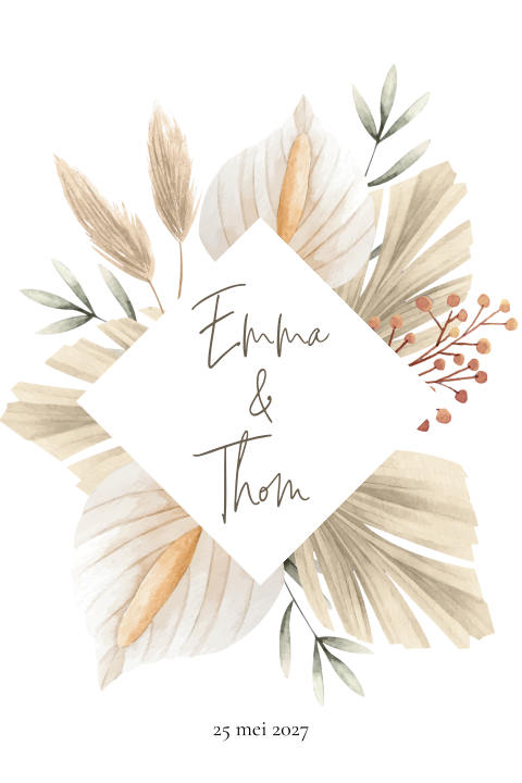 Boho trouwkaart met beige bladeren