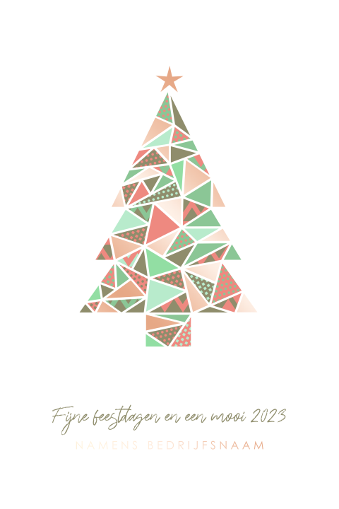 Kerstkaart met geometrische kerstboom en rosegoudfolie