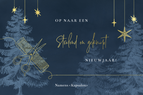 Kerstkaart voor kappers en kapsalons met schaar en kam