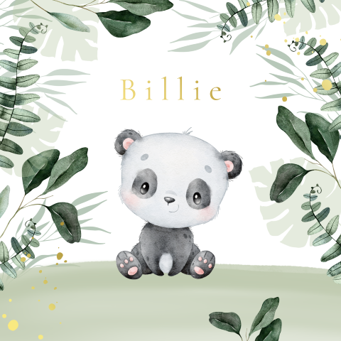 Goudfolie geboortekaartje met panda en blaadjes