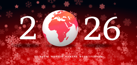 Rode kerstkaart wereldbol en ijssterren