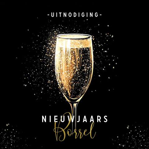 Zwarte uitnodiging voor een nieuwjaarsborrel met champagneglas