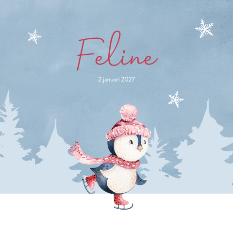 Winters geboortekaartje meisje met pinguin op schaatsen