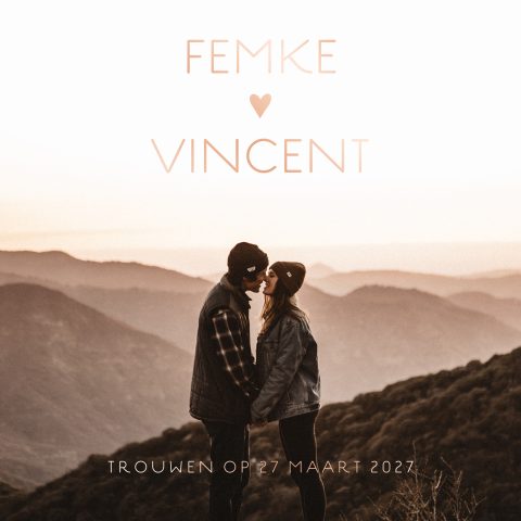 Trouwkaart met mooie vakantiefoto en roségoudfolie