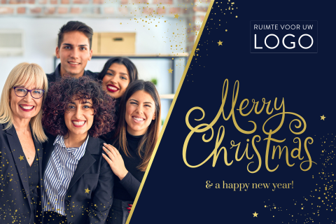Blauwe foto kerstkaart met goudfolie en bedrijfslogo