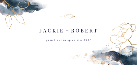 Trouwkaart met gouden bloemen en blauwe waterverf