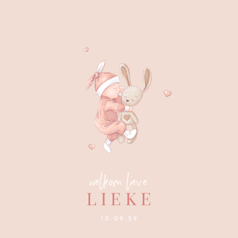 Roze geboortekaartje met slapende baby met knuffel