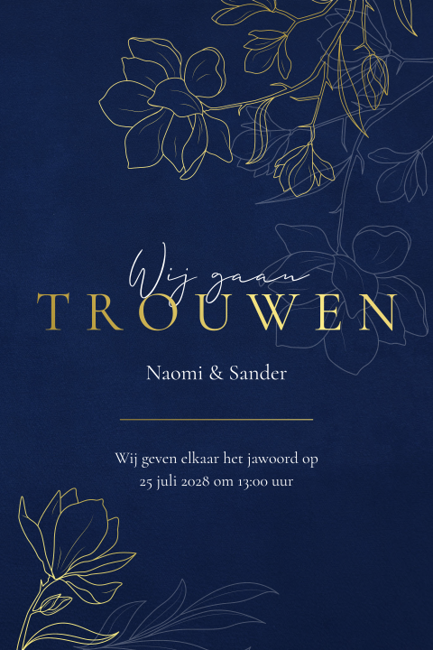 Donkerblauwe trouwkaart met goudfolie bloemen