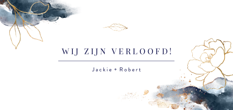 Verloofdkaart met gouden bloemen en blauwe waterverf