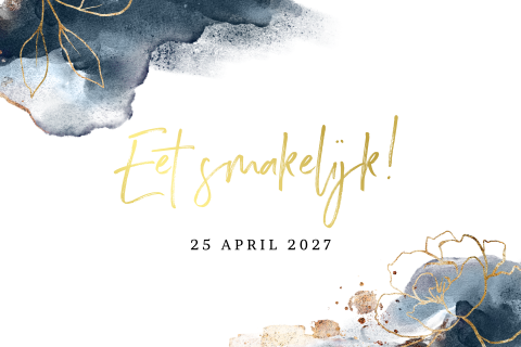 Tafelkaartje met goudfolie tekst en blauwe waterverf