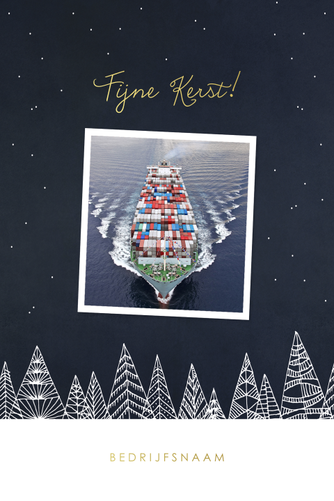 Goudfolie kerstkaart met kerstbomen en foto scheepvaart