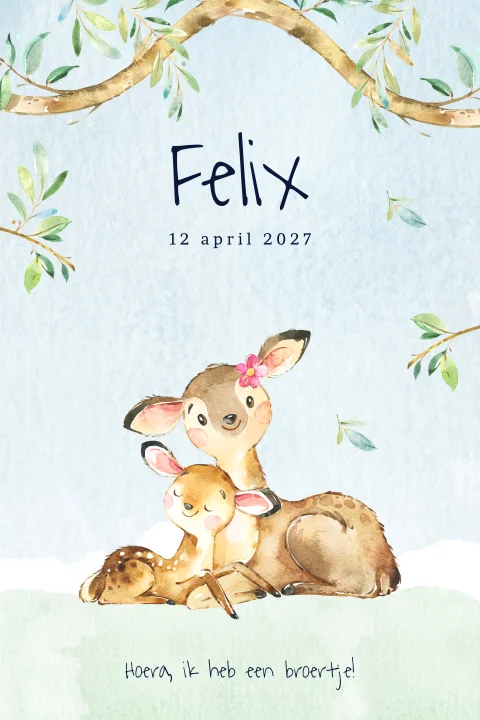 Geboortekaartje jongen voor een 2e kindje met twee herten in het bos