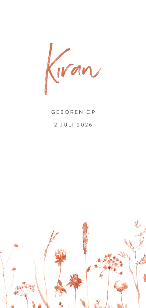 Stijlvol geboortekaartje unisex met roestrode weidebloemen