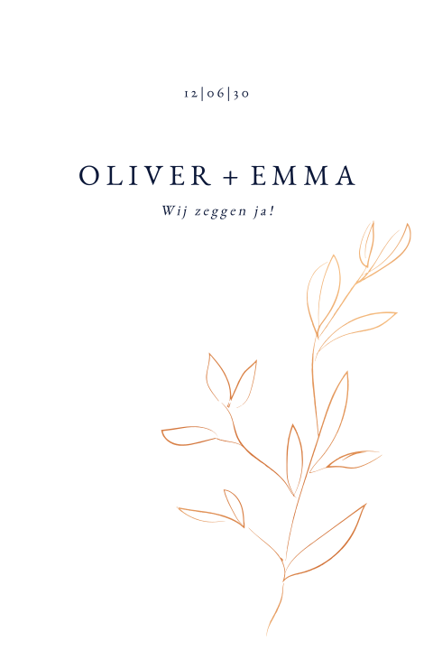 Stijlvolle trouwkaart met koperfolie bladeren