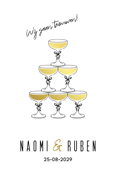 Trouwkaart met champagne fontein en goudfolie