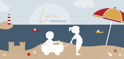 Silhouet geboortekaartje 2e kindje zus en broertje op strand