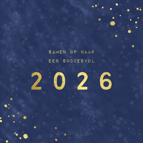 Donkerblauwe kerstkaart met goudfolie spetters en 2026