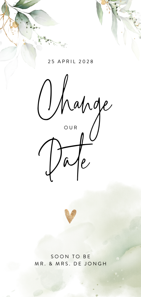 Change the date kaart met bladeren en goudkleurige spetters