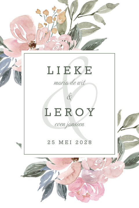 Romantische trouwkaart met waterverf bloemen
