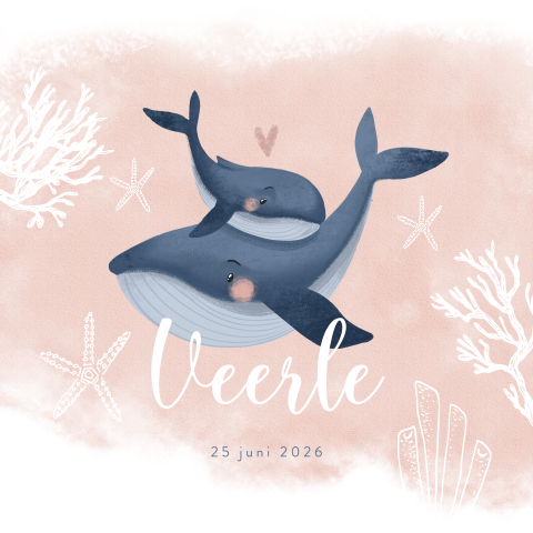 Roze geboortekaartje meisje onderwater met walvis en baby walvis