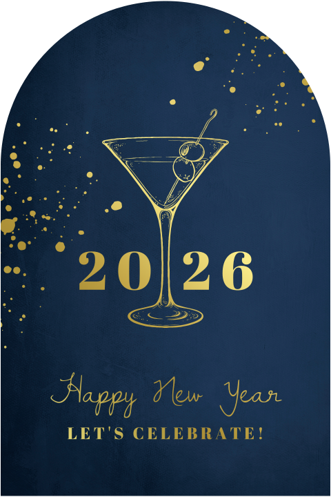 Uitnodiging nieuwjaarsborrel met goudfolie cocktail