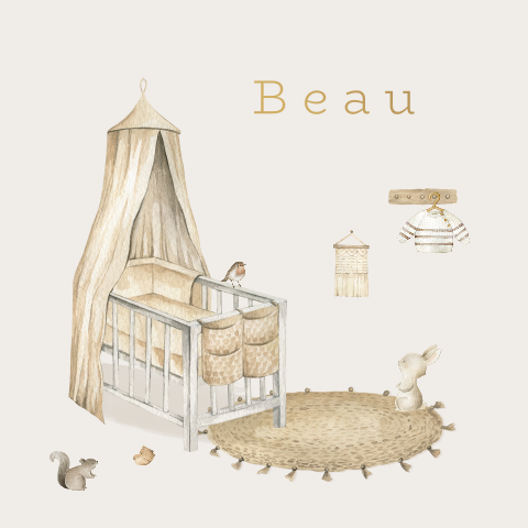 Beige geboortekaartje met kinderkamer en diertjes