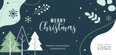 Grafische kerstkaart met kerstbomen en logo