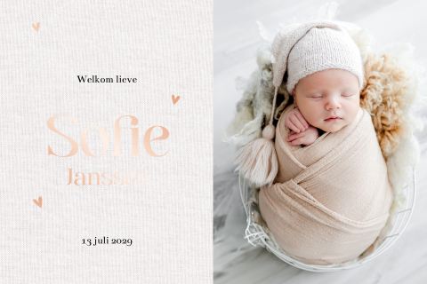 Lief fotogeboortekaartje met naam in roségoudfolie