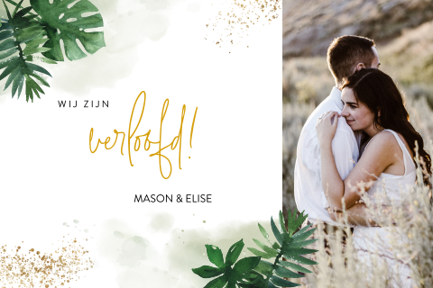 Botanische verlovingskaart met bladeren en foto