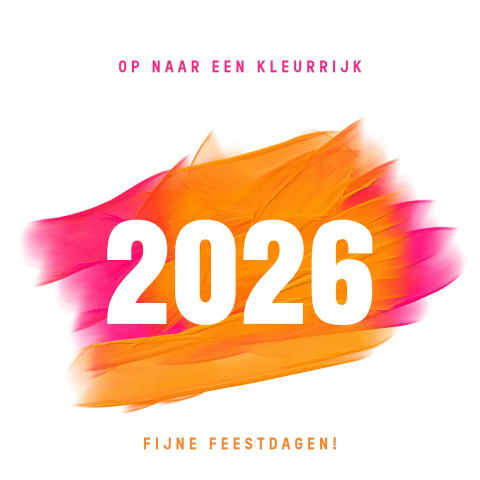 Kleurrijke kerstkaart met oranje-roze verfveeg en 2026