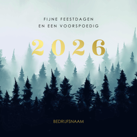 Kerstkaart met dennenbomen in blauw en 2026 in goudfolie