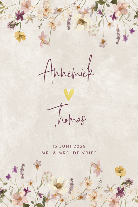 Trouwkaart met wilde veldbloemen en goudfolie