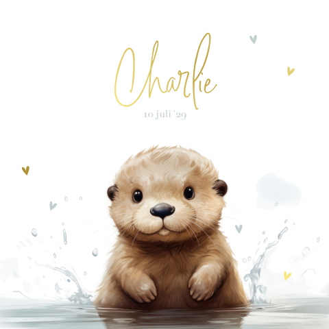 Goudfolie geboortekaartje met waterverf otter