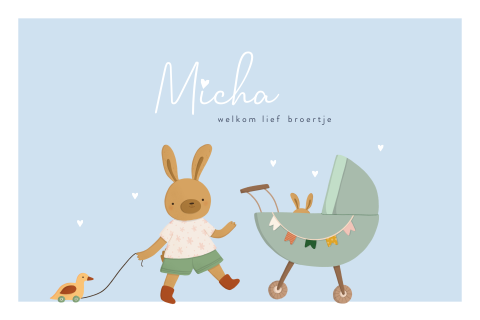 Blauw geboortekaartje 2e kindje met twee konijnen broer en jongen