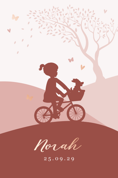 Silhouet geboortekaartje met meisje op fiets en hondje