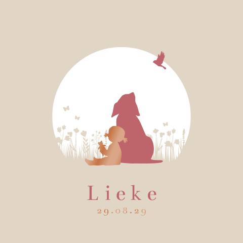 Silhouet geboortekaartje met hoogglans meisje en hond