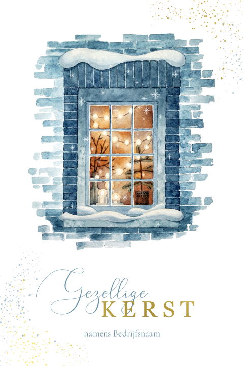 Winterse kerstkaart met geschilderd raam en goudfolie