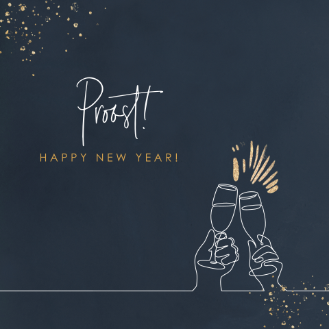 Donkerblauwe kerstkaart met lijntekening champagneglazen