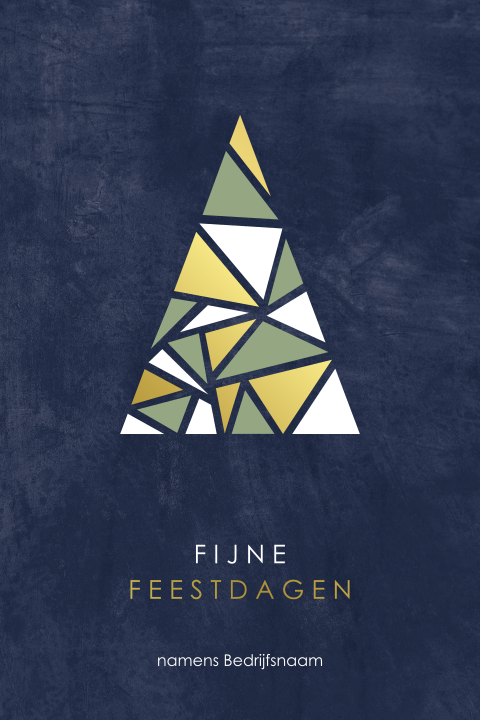Donkerblauwe kerstkaart met kerstboom in goudfolie