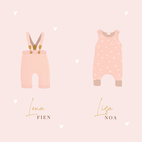 Tweeling geboortekaartje meisjes met roze romper en tuinbroek