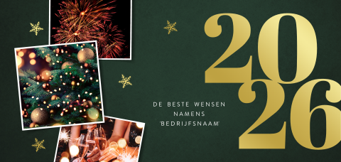 Groene kerstkaart met goudfolie en feestelijke foto's – 2026