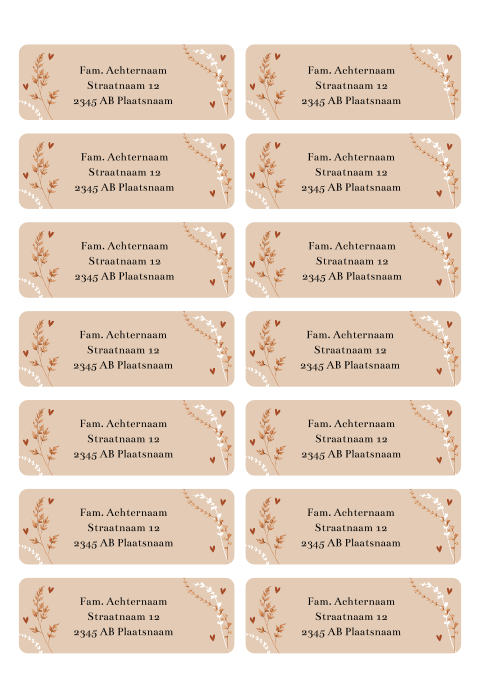 Adressticker met roestbruine bladeren en hartjes