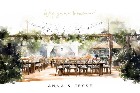 Trouwkaart met diner in een weelderige tuin als locatie