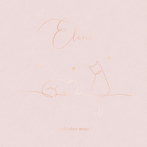 Roze geboortekaartje meisje met kat in one line drawing