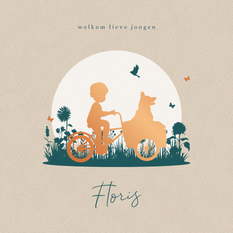 Koperfolie geboortekaartje met jongen op bakfiets en hond