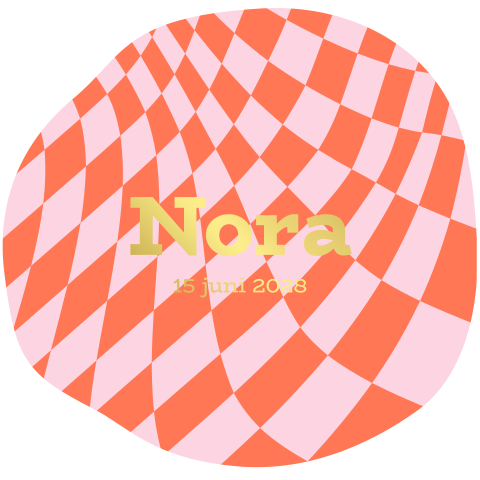 Groovy geboortekaartje meisje met retro ruitjes in oranje-roze