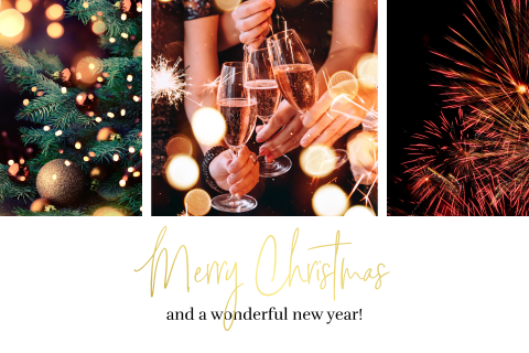 Kerstkaart met goudfolie typografie en feestelijke afbeeldingen
