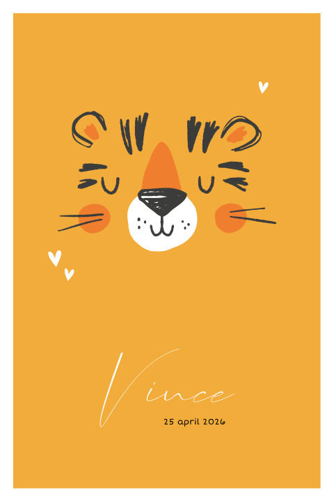 Avontuurlijk oranje geboortekaartje met tijger voor een jongen