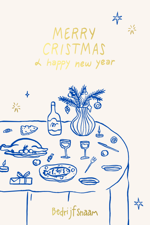 Kerstkaart met gedekte tafel en goudfolie