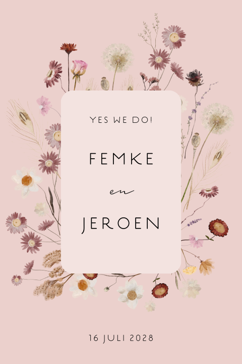 Roze trouwkaart met wilde bloemen in krans